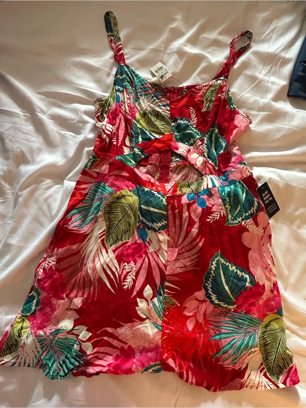 Express Red Tropical Print Cutout Romper with Green and Pink Leaves